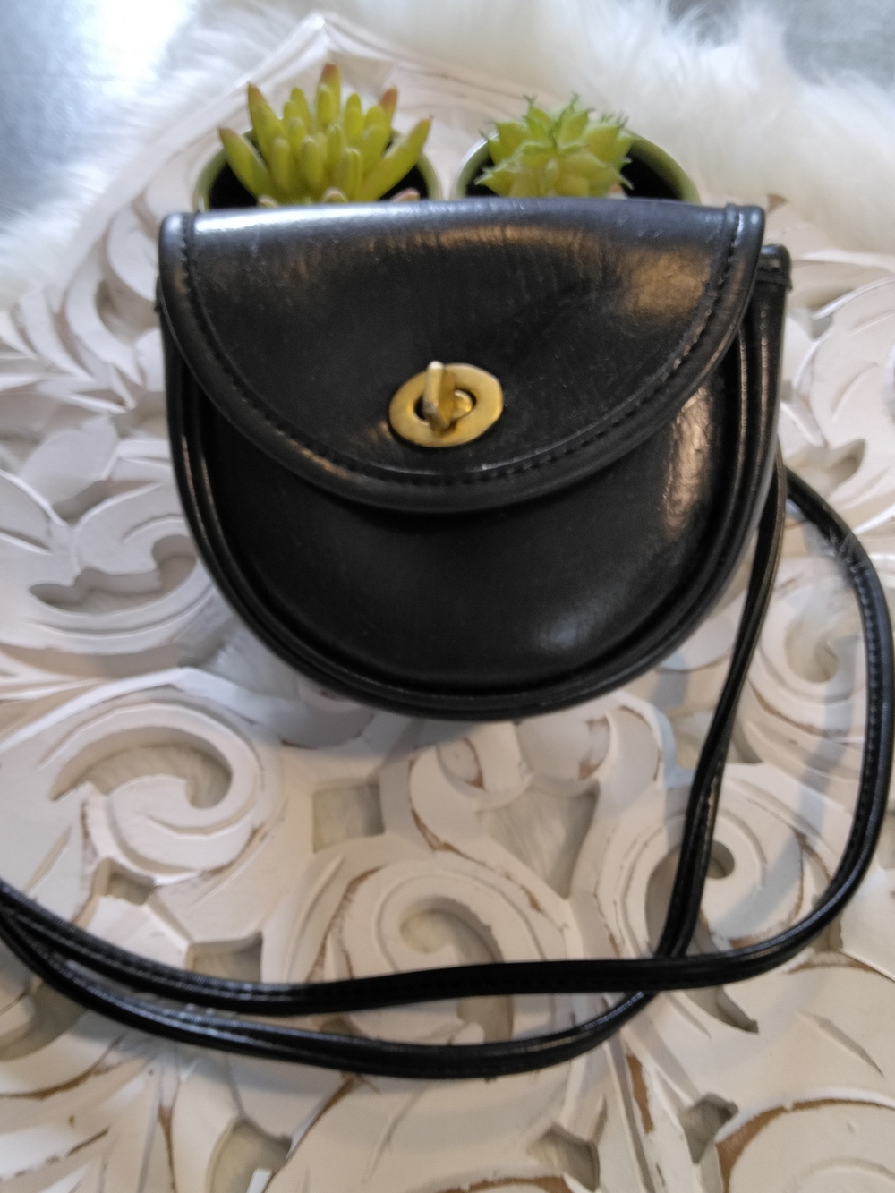 Coach Black Leather Crossbody with Gold Turn-Lock